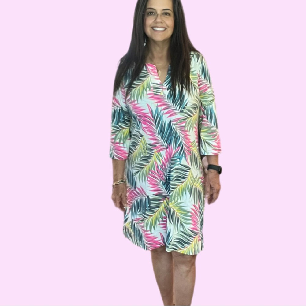 Caribbean Joe Vibrant Leaf Three Quarter Sleeve Dress